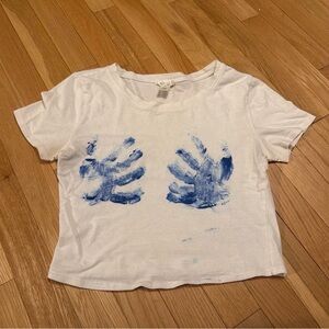 White Short-Sleeve Tee with Blue Handprint Graphic